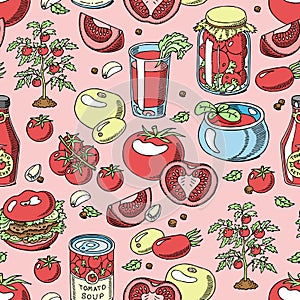 Tomato seamless pattern juicy tomatoes food sauce ketchup soup and paste with fresh red vegetables backdrop illustration