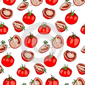 Seamless pattern of bright tomatoes whole and pieces