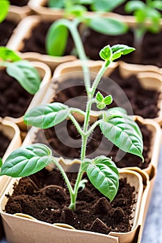 Tomato seedlings.The seedling of the bushes of tomatoes of different varieties. Sown tomatoes in cardboard peas with photo