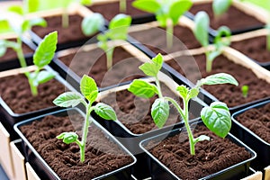 Tomato seedlings.The seedling of the bushes of tomatoes of different varieties. Sown tomatoes in cardboard peas with photo