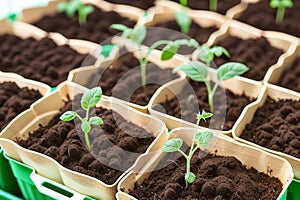 Tomato seedlings.The seedling of the bushes of tomatoes of different varieties. Sown tomatoes in cardboard peas with photo