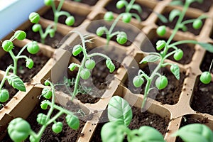Tomato seedlings.The seedling of the bushes of tomatoes of different varieties. Sown tomatoes in cardboard peas with photo