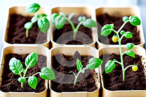 Tomato seedlings.The seedling of the bushes of tomatoes of different varieties. Sown tomatoes in cardboard peas with photo