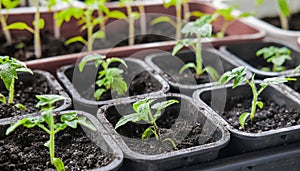 Tomato seedlings in small pots for growing