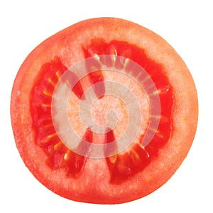 Tomato slice isolated on white background, top view
