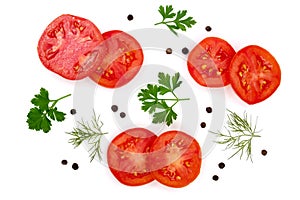 Tomato slice with parsley leaves, dill and peppercorns isolated on white background. Top view