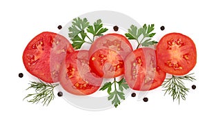 Tomato slice with parsley leaves, dill and peppercorns isolated on white background. Top view
