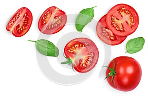 Tomato slices with basil leaf isolated on white background. Clipping path. Top view with copy space for your text. Flat