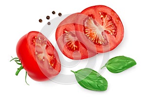 Tomato slices with basil and peppercorns isolated on white background. Clipping path and full depth of field. Top view