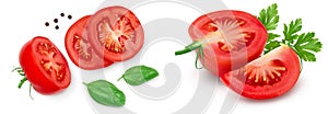 Tomato slices with basil and peppercorns isolated on white background with full depth of field. Top view. Flat lay