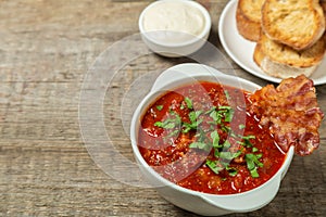 Tomato soup with bacon. European cuisine. The view from the top. Copy-space.