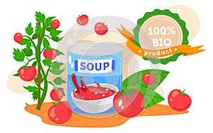 Tomato soup canned food product vector illustration, cartoon flat preserved tomato soup in tin can and branches of ripe