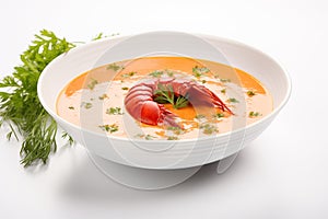 Tomato soup with crayfish and parsley on white background. Creamy lobster bisque soup
