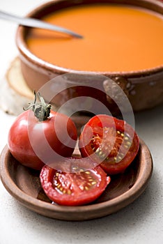 Tomato soup in an earthenware bowl