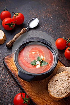 Tomato soup gazpacho in stewpan