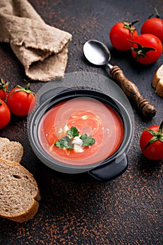 Tomato soup gazpacho in stewpan