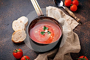 Tomato soup gazpacho in stewpan