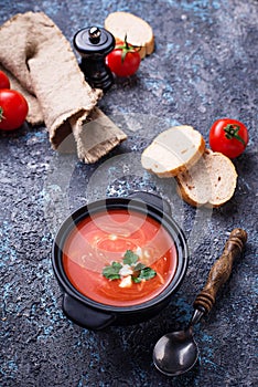 Tomato soup gazpacho in stewpan