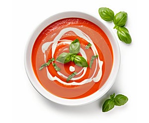 Tomato soup puree in a bowl with cream and fresh basil leaves, isolated on white background. Top view