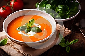 Tomato soup puree in a bowl with cream and fresh basil leaves