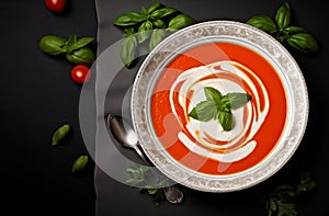 Tomato soup puree in a bowl with cream and fresh basil leaves. Top view