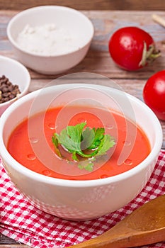 Tomato soup in a white bowl . Traditional red cold gazpacho soup with tomatoes. Spanish cusine