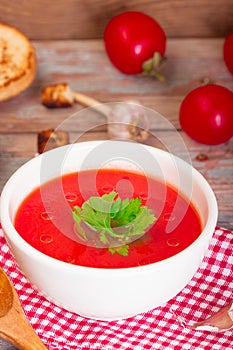 Tomato soup in a white bowl . Traditional red cold gazpacho soup with tomatoes. Spanish cusine