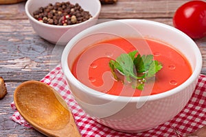 Tomato soup in a white bowl . Traditional red cold gazpacho soup with tomatoes. Spanish cusine