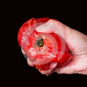 Hand squashing a juicy tomato