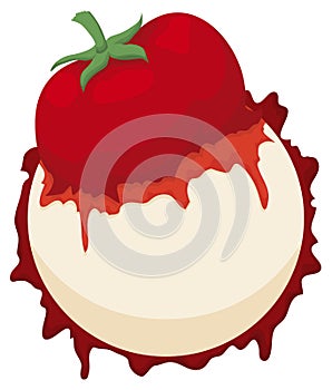 Tomato squished over round button spilling ketchup, Vector illustration