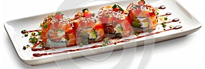 Tomato Sushi, Red Vegetable Uramaki Sushi Rolls, Fusion Maki Sushi with Rice, Cheese, Tomatoes