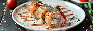 Tomato Sushi, Red Vegetable Uramaki Sushi Rolls, Fusion Maki Sushi with Rice, Cheese, Tomatoes