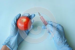 Tomato and syringe with GMO in hands on a blue background.