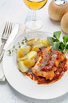 Cod or Pollack Cooked in Tomato and Thyme Sauce