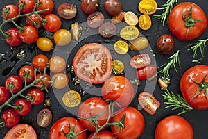 Tomato Varieties on Black Overhead View