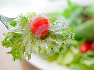 Tomato with vegetable on silver spoon over salad plate