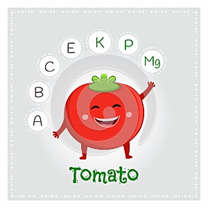 Tomato vegetable vitamins and minerals. Funny vegetable character. Healthy food illustration