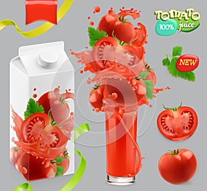 Tomato vegetables. Splash of juice. 3d vector, package design set