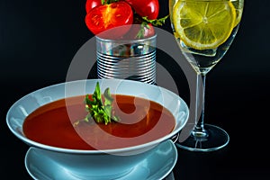 Tomato vegetarian soup with metal tin, fresh tomatoes, water wit