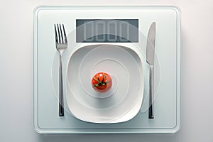 Tomato on a white plate and cutlery on a personal weight scale showing zero, healthy diet and slimming concept, copy space, high