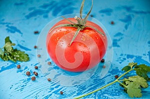 Tomato whith whater drops over on blue background