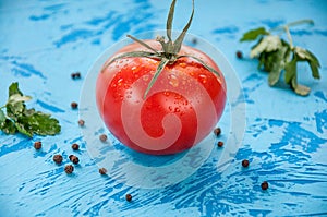 Tomato whith whater drops over on blue background