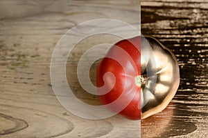 Tomato on a wooden table with gold paint