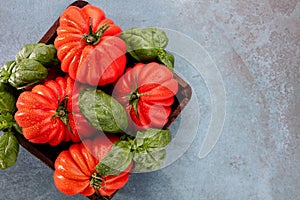 Tomatoes with basil leaf, water drops close up