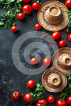 Tomatoes, Basil, and Straw Hats on Black Surface