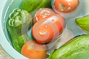 Vegetables in green bowl. Carrot, Chayot, Tomato, Ingredients,  Salad. photo