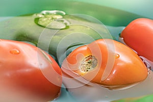 Vegetables in green bowl. Tomatoes, Chayot, Ingredients,  Salad. photo