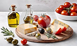 Tomatoes with cheese and bottles of butter on the table. Conceptual food photo