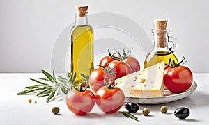 Tomatoes, cheese, olives and glass bottles with oil on a white table. Food still life of cheese with tomatoes and olives on a