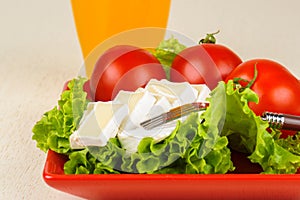 Tomatoes and cheese slices lie on a sheet of fresh salad in a red plate. A glass of orange juice stands side by side on the table.